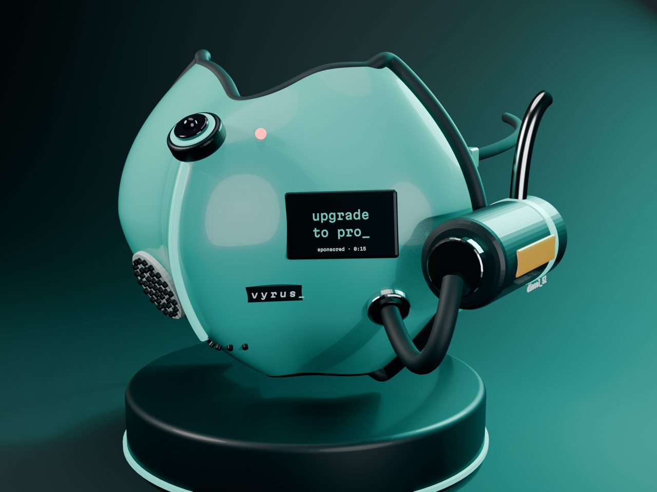 Vyrus mask, three-quarter view, aqua shell with diesel canister, lit on a dark stage