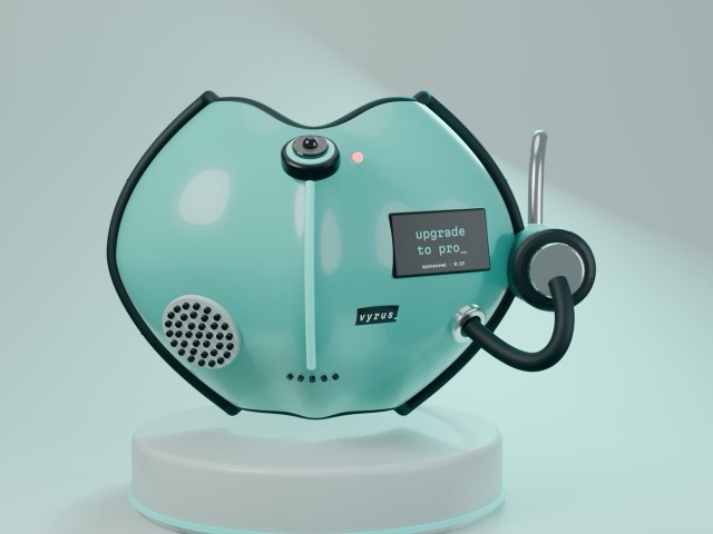 Vyrus mask, front view, showing the lens, cheek display and chin microphone