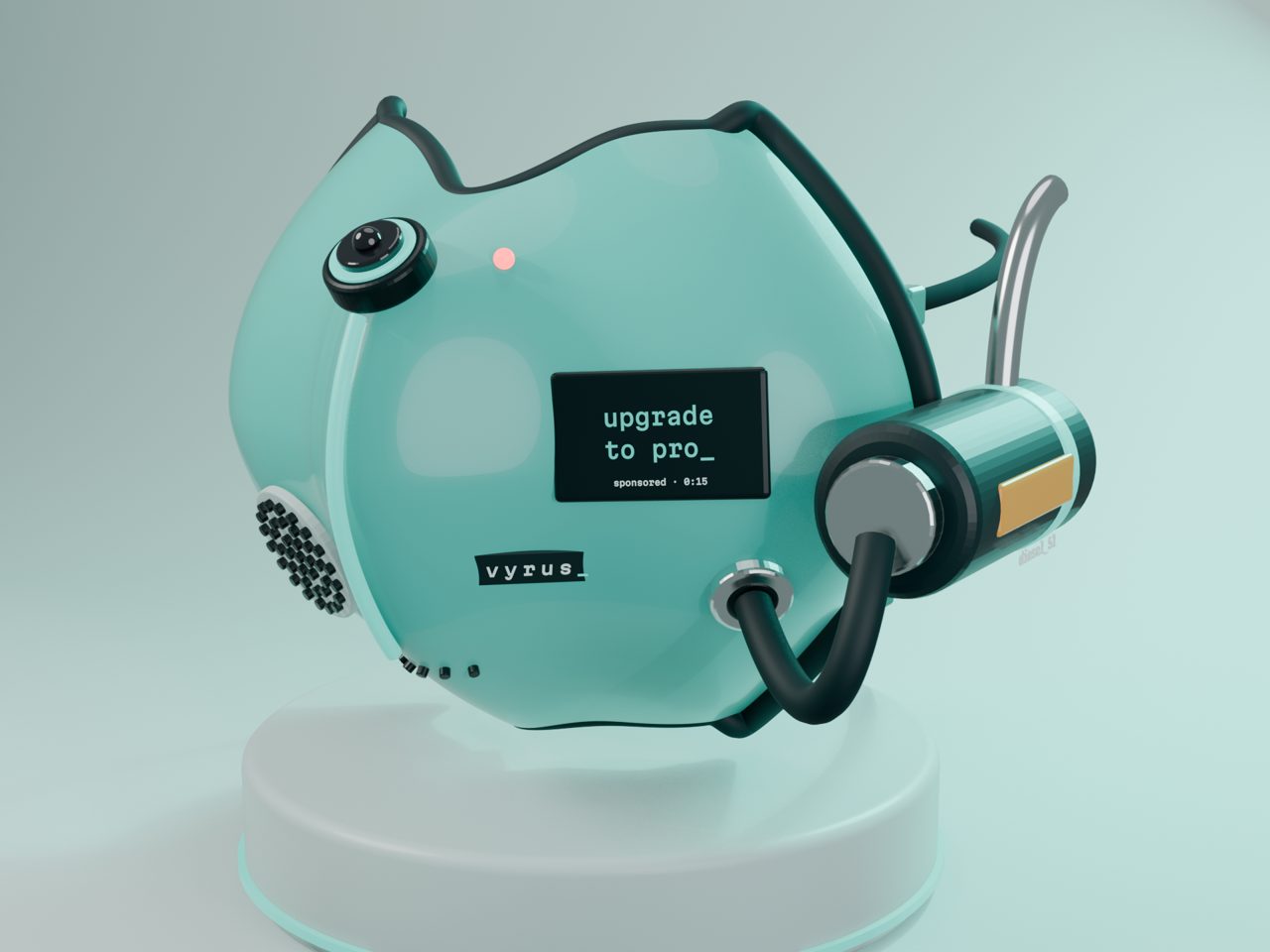 Vyrus mask, three-quarter view, aqua shell with diesel canister, on a pale display plinth